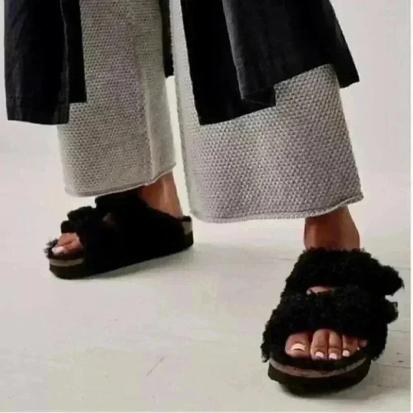 Birkenstock Arizona Teddy Shearling Platform Sandals Black Big Buckle 38 US 7